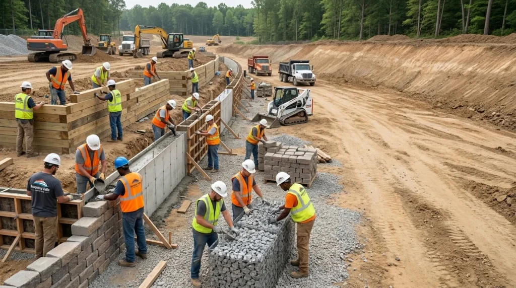 Construction workers building sturdy concrete retaining walls Hamilton on a large outdoor site.