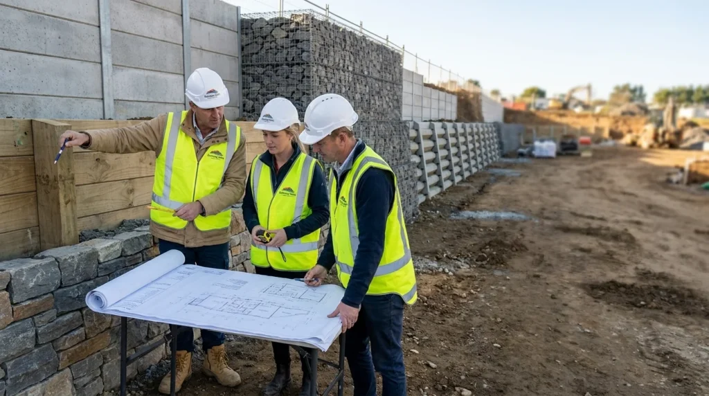 Three retaining walls Hamilton team members wearing hard hats and high-vis vests reviewing architectural blueprints outdoors.