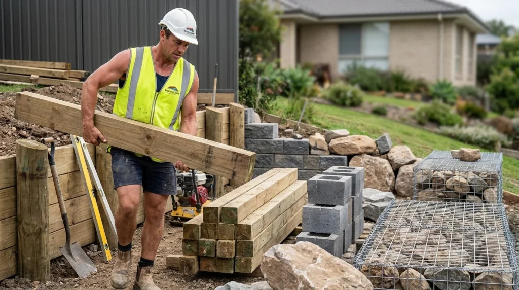 A construction worker carrying a timber sleeper for retaining walls Hamilton landscaping projects.