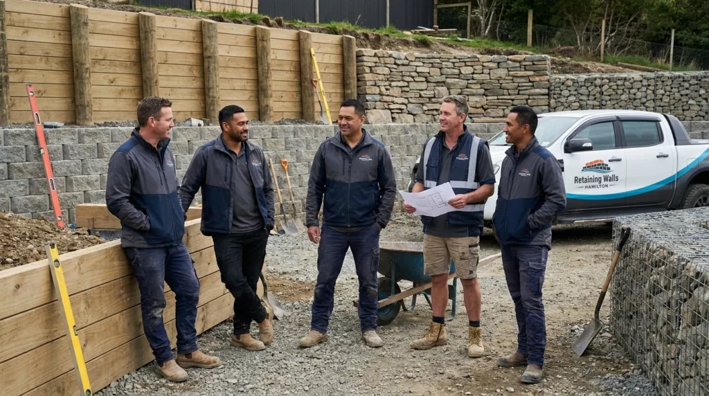 A group of professional retaining walls Hamilton specialists posing on a construction site with completed walls and a branded truck.